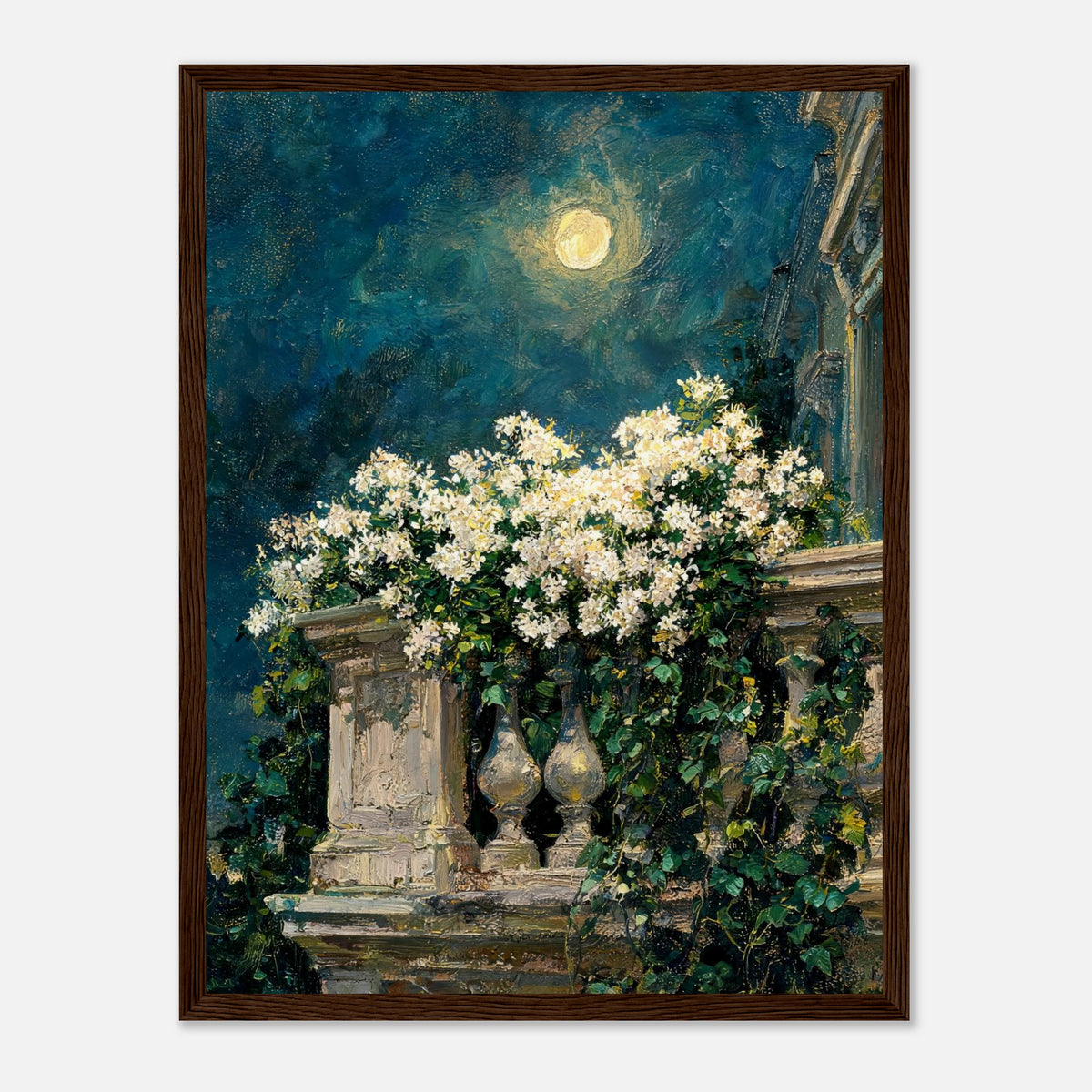 Moonlit White Blossoms Balcony Impressionist Art Print