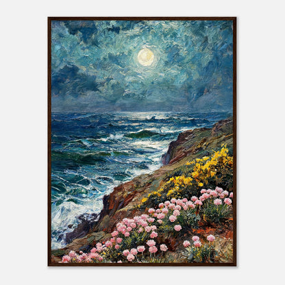 Moonlit Coastal Cliff Flowers Impressionist Art Print