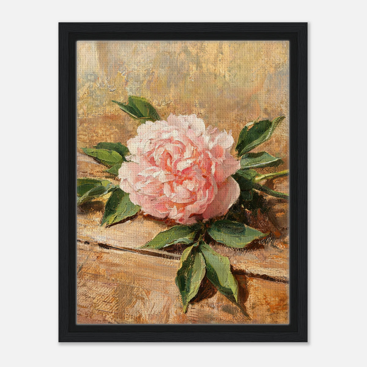 Single Pink Peony on Rustic Wood Impressionist Art Print