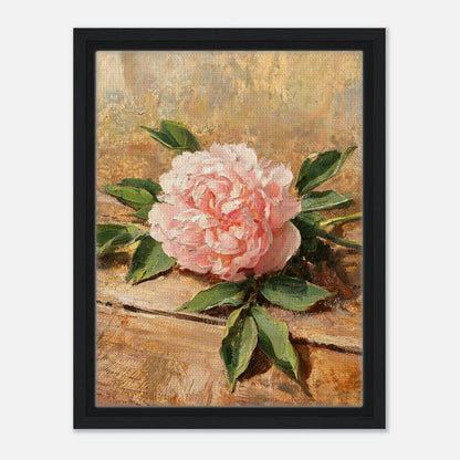 Single Pink Peony on Rustic Wood Impressionist Art Print