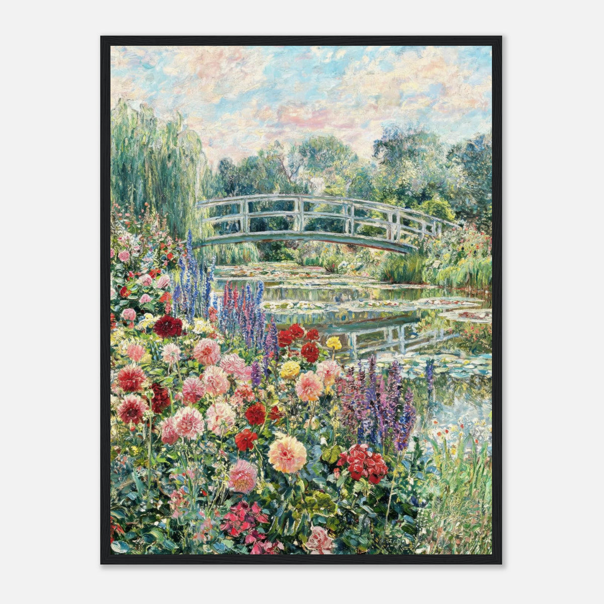 Blooming Summer Garden & Japanese Bridge Impressionist Art Print