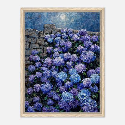 Moonlit Blue Hydrangeas by Stone Wall Impressionist Art Print