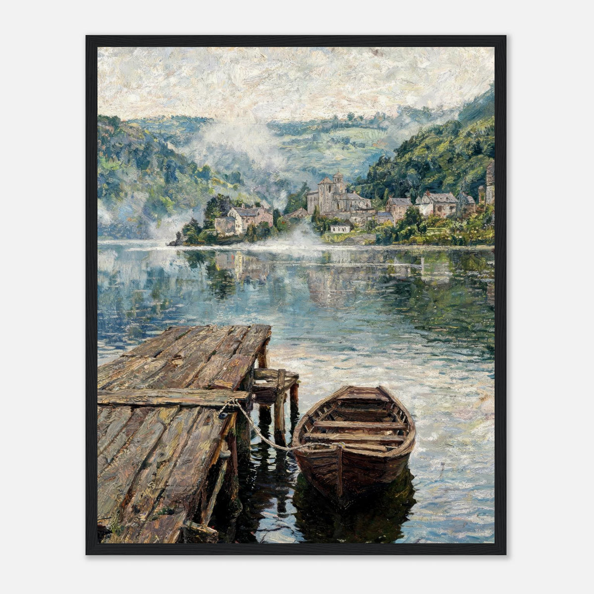 Misty Mountain Lake Wooden Boat Impressionist Art Print