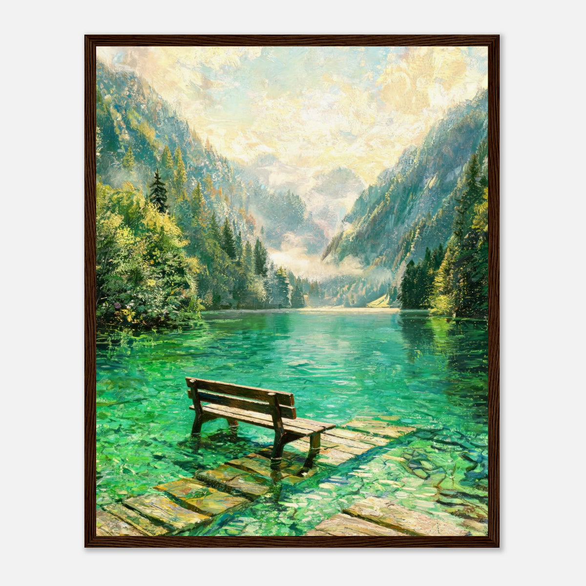 Mountain Lake Pier and Wooden Bench Impressionist Art Print