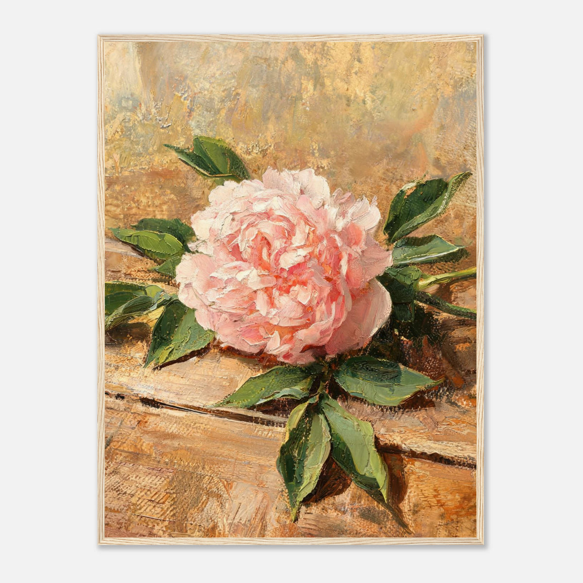 Single Pink Peony on Rustic Wood Impressionist Art Print
