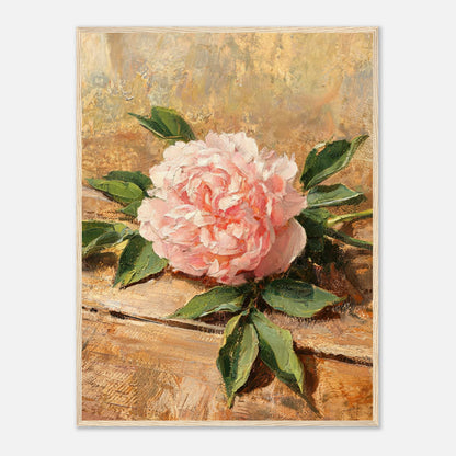 Single Pink Peony on Rustic Wood Impressionist Art Print