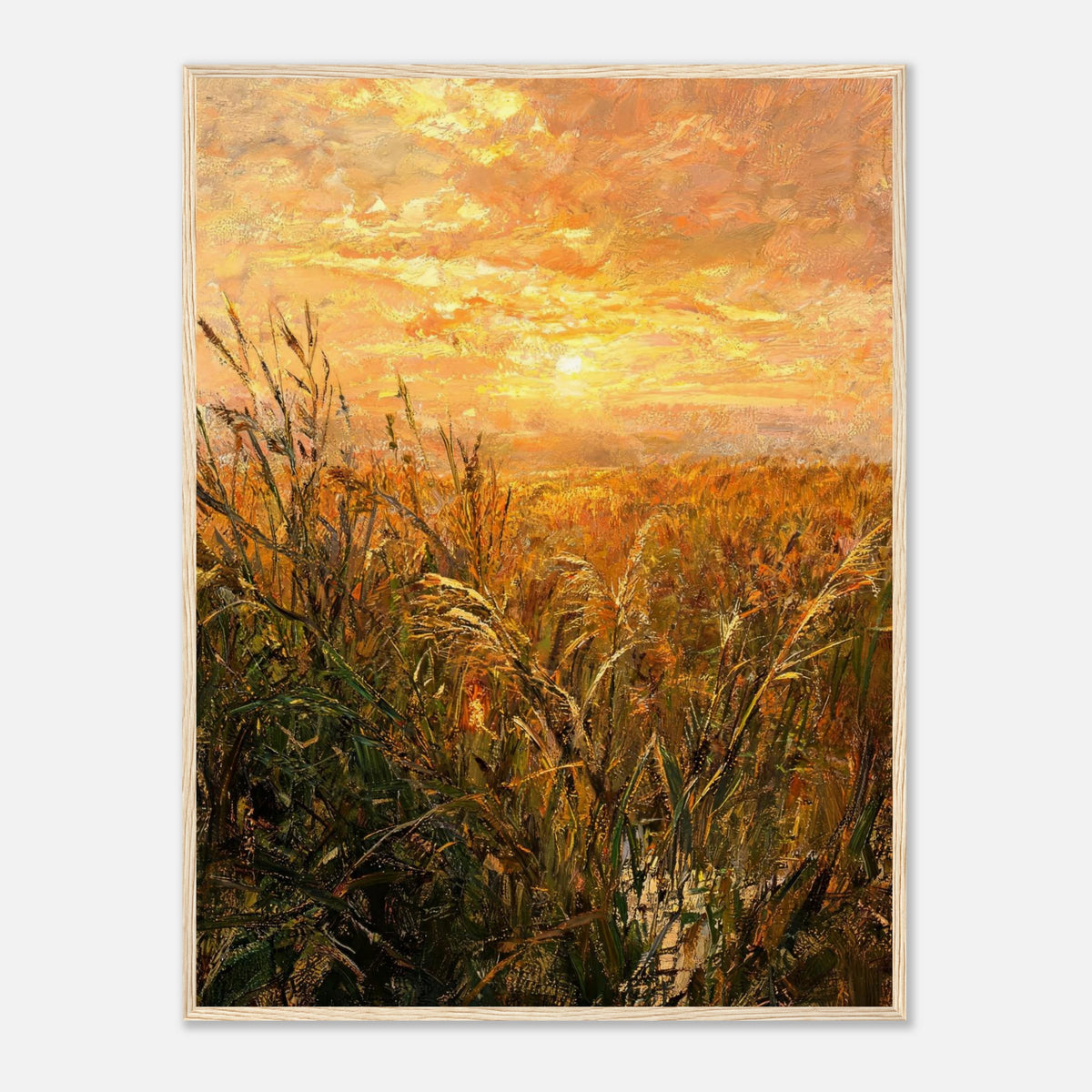Golden Grass Field at Sunset Impressionist Art Print