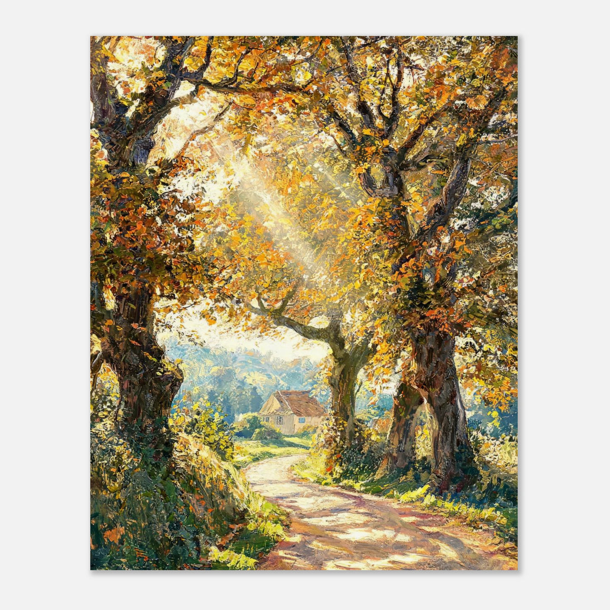 Sunlit Autumn Forest Path Impressionist Art Print