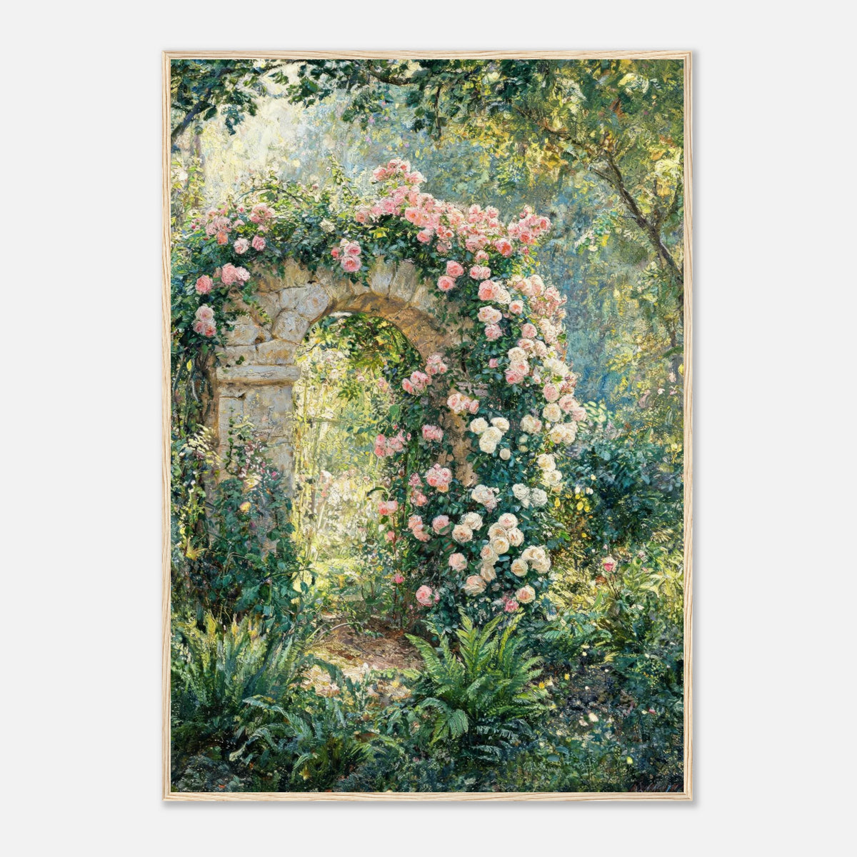 Rose-Covered Stone Arch & Sunlit Garden Impressionist Art Print