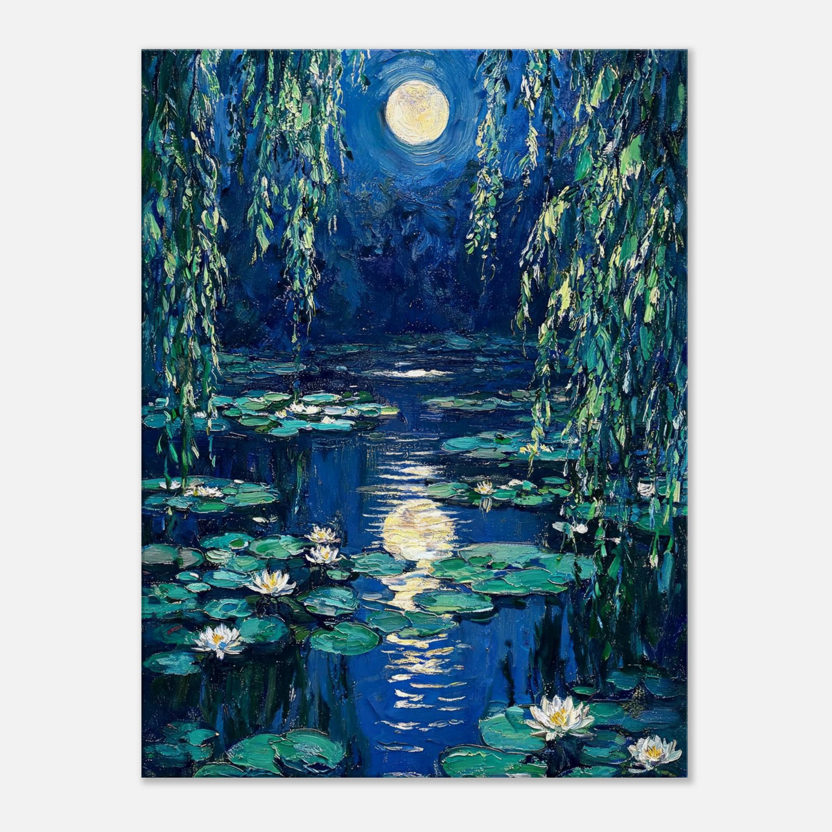 Moonlit Water Lilies Pond Impressionist Art Print