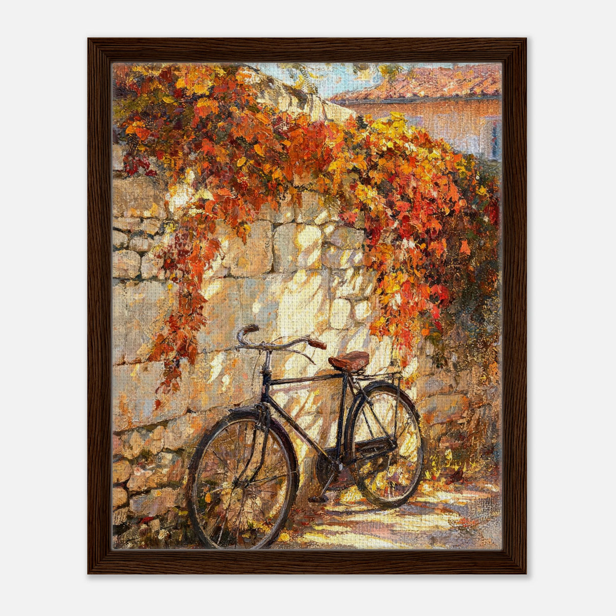 Autumn Vintage Bicycle Stone Wall Impressionist Art Print