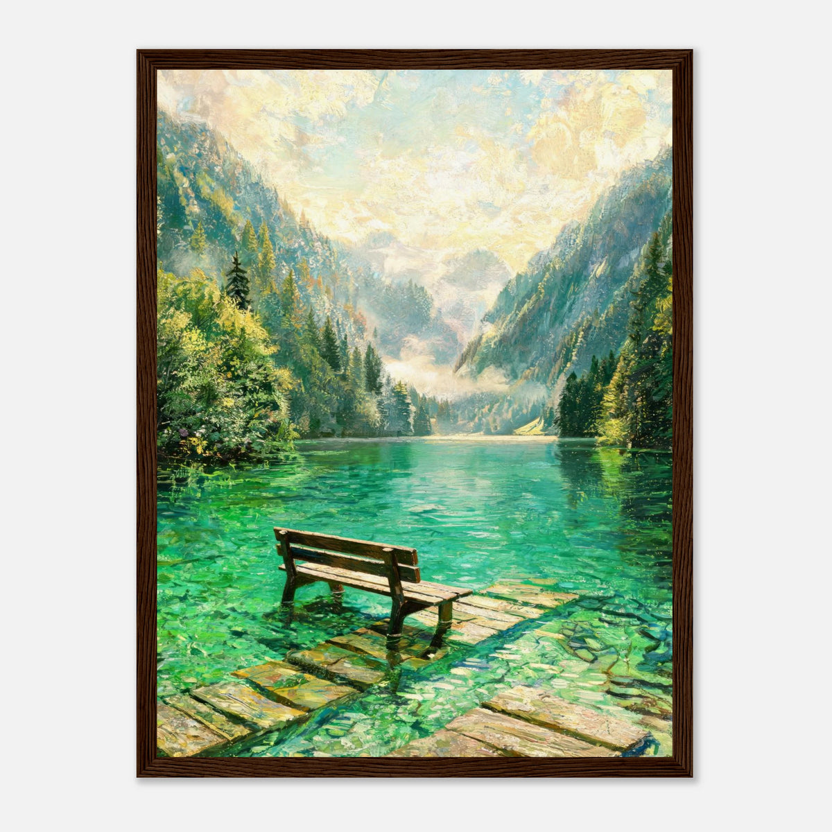 Mountain Lake Pier and Wooden Bench Impressionist Art Print