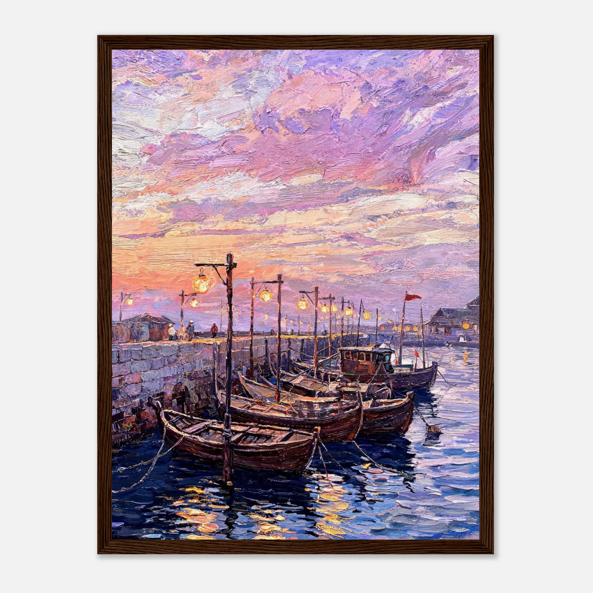 Coastal Harbor Twilight Wooden Boats Impressionist Art Print