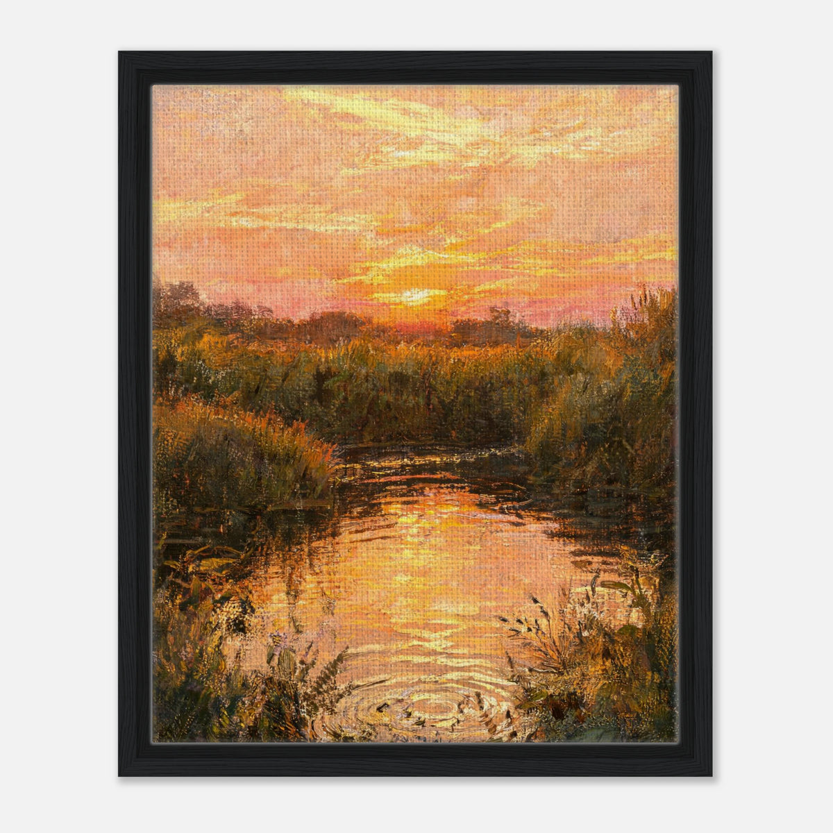 Golden Sunset over River Reflection Impressionist Art Print