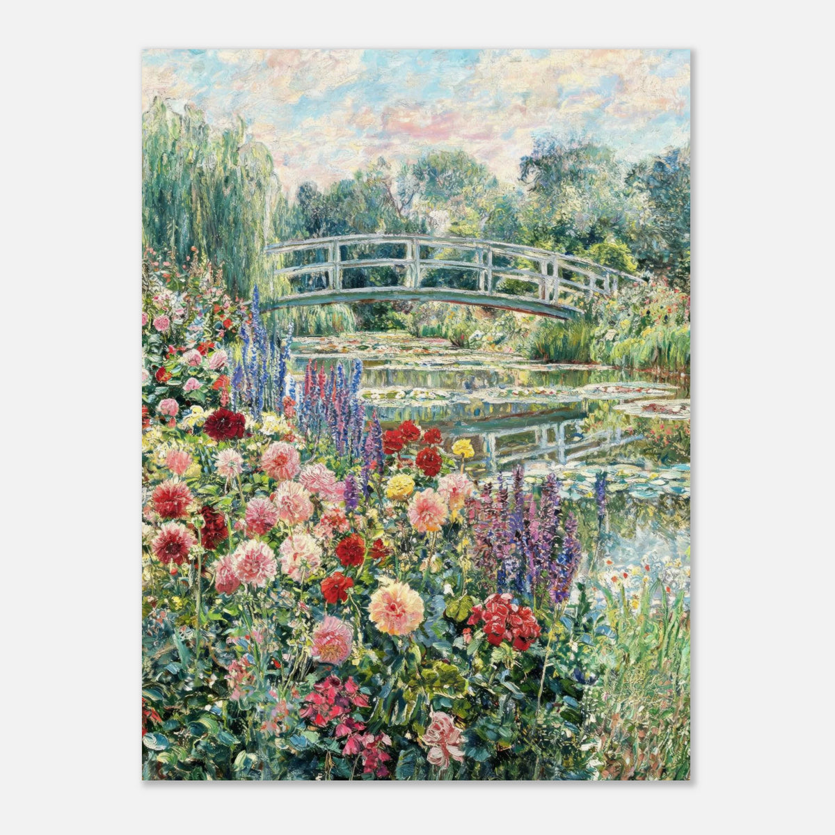 Blooming Summer Garden & Japanese Bridge Impressionist Art Print