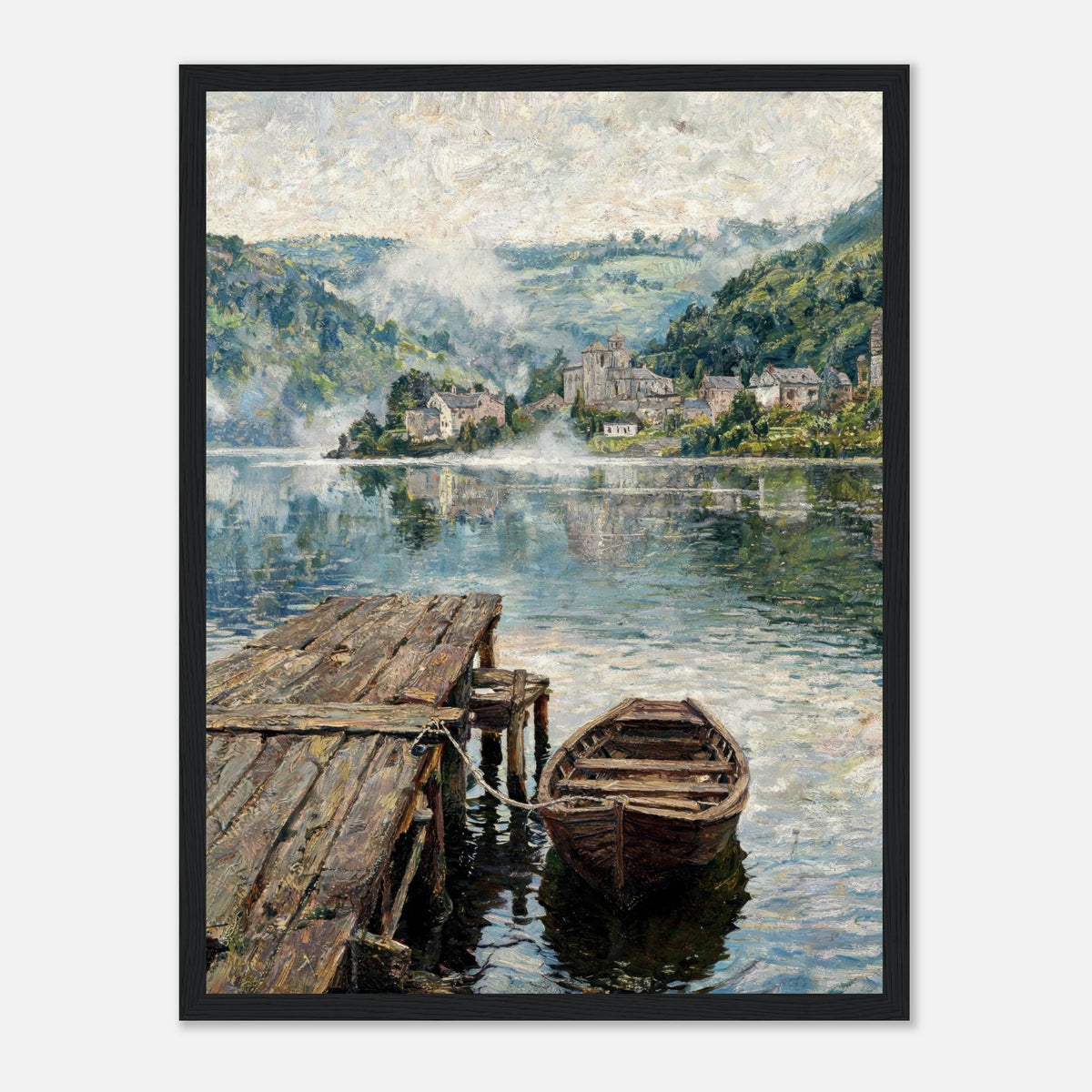 Misty Mountain Lake Wooden Boat Impressionist Art Print