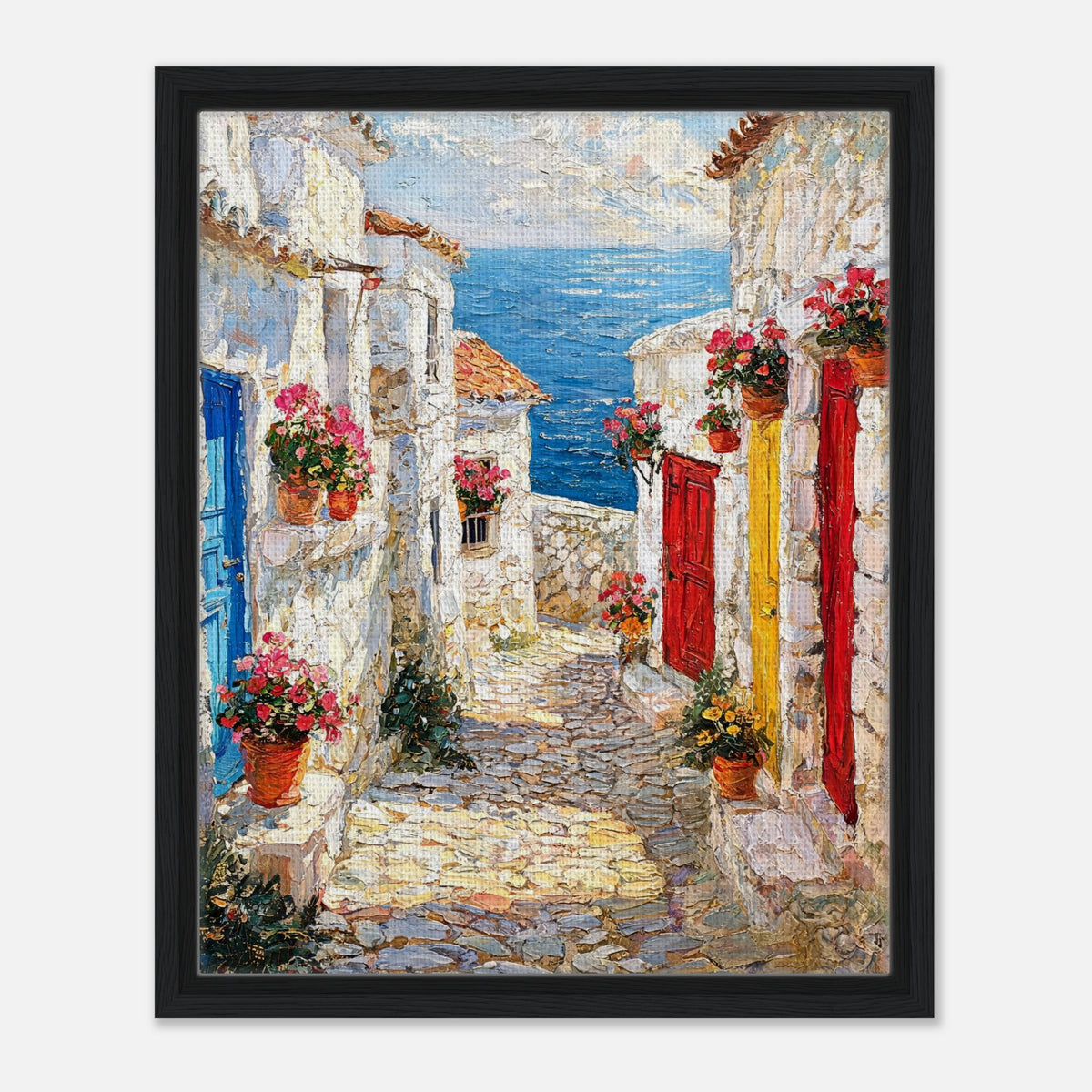 Framed Mediterranean Coastal Alleyway Canvas Wall Art | Village Decor