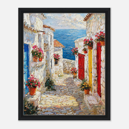 Framed Mediterranean Coastal Alleyway Canvas Wall Art | Village Decor