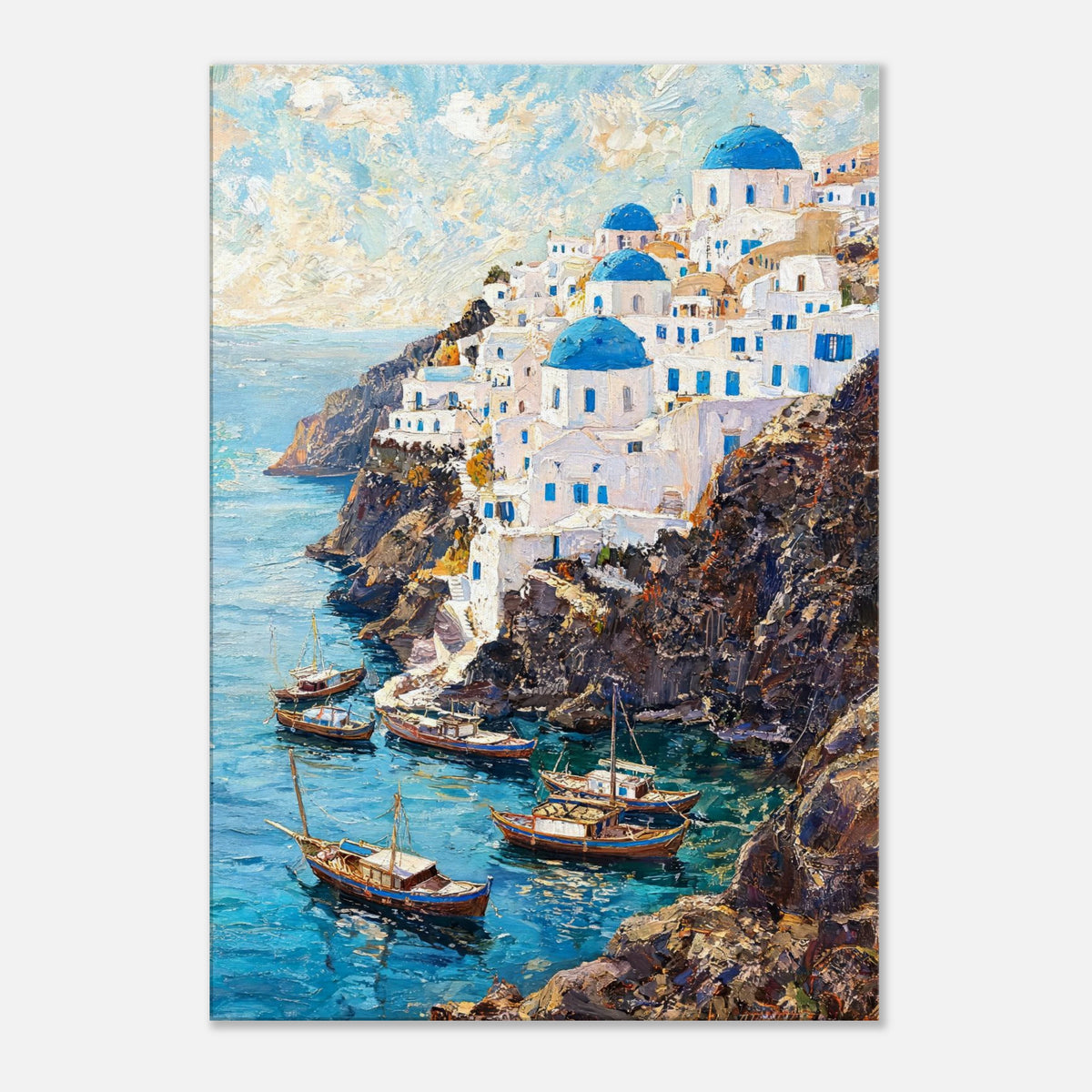 Santorini Cliffside Village & Boats Impressionist Art Print