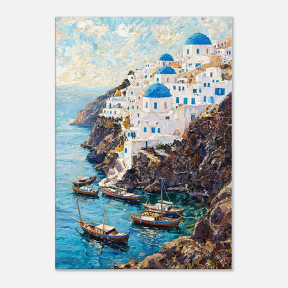 Santorini Cliffside Village & Boats Impressionist Art Print