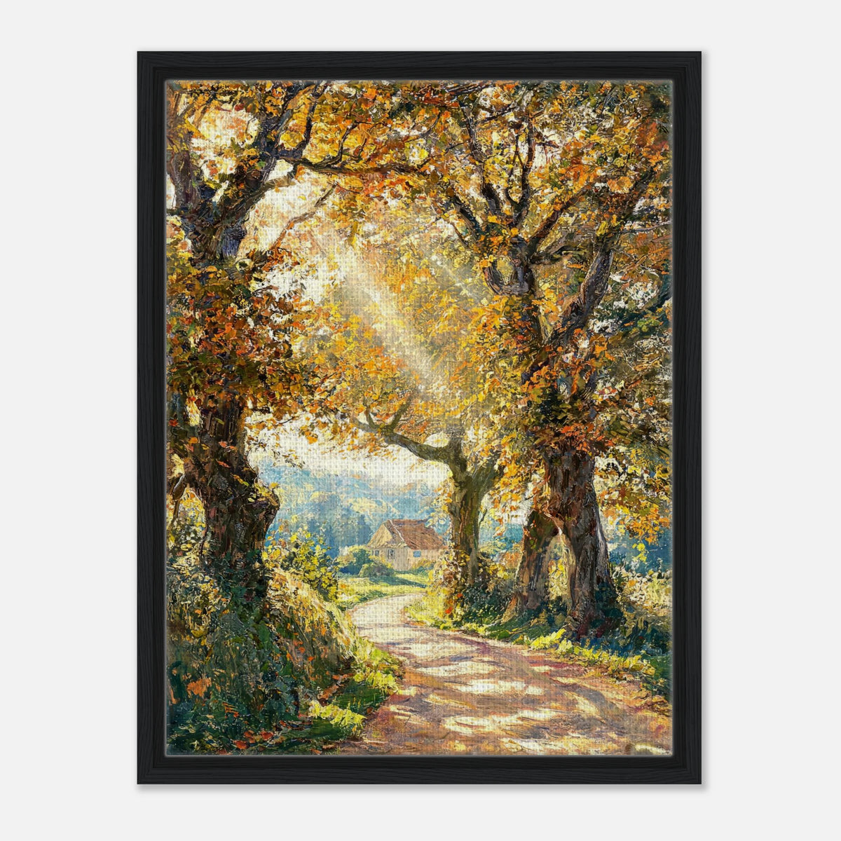 Sunlit Autumn Forest Path Impressionist Art Print