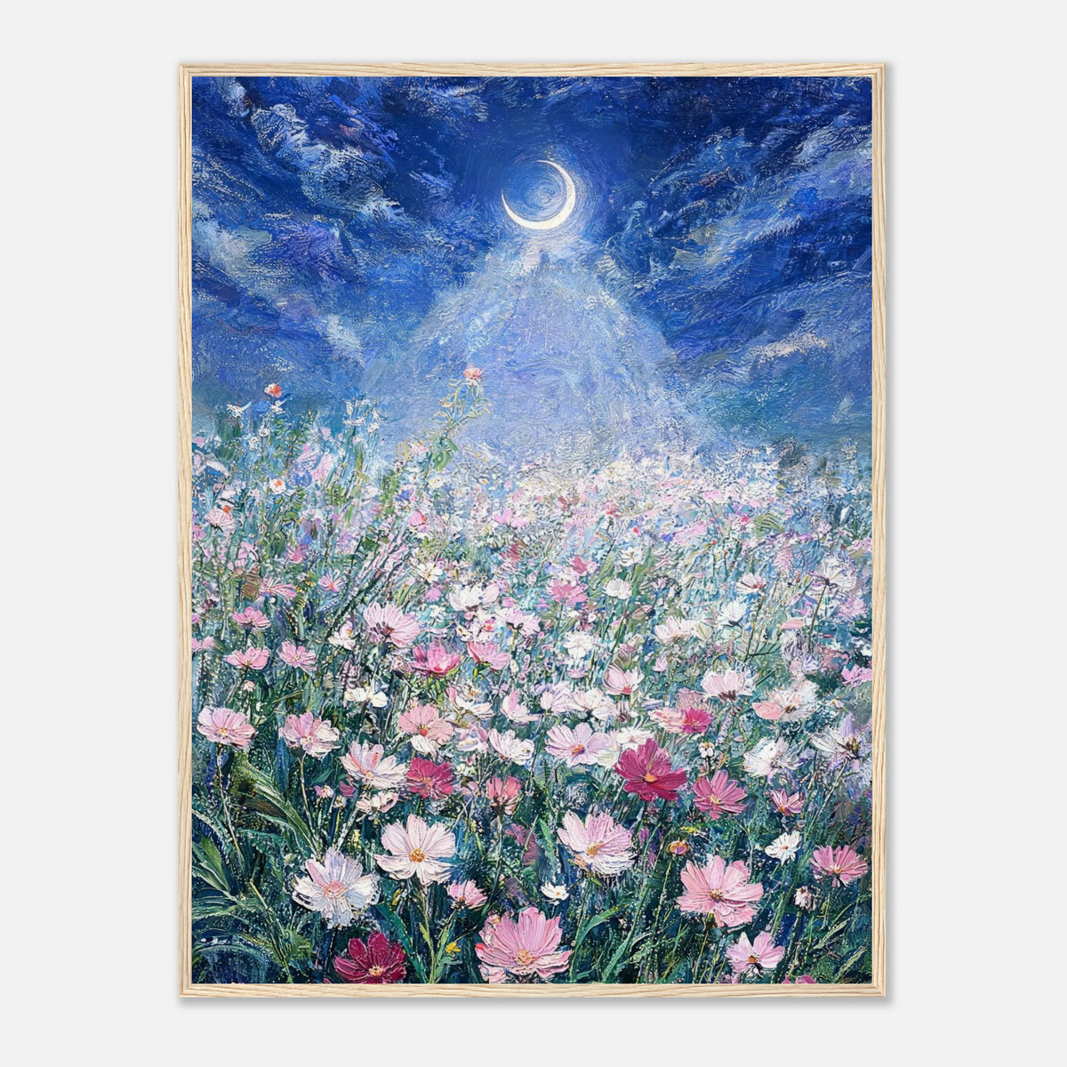 Moonlit Wild Cosmos Field Impressionist Art Print
