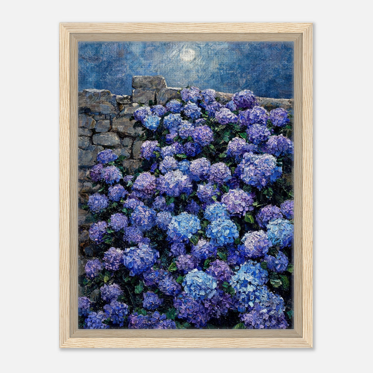 Moonlit Blue Hydrangeas by Stone Wall Impressionist Art Print