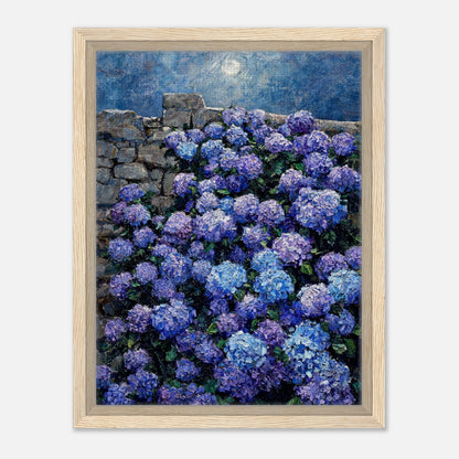 Moonlit Blue Hydrangeas by Stone Wall Impressionist Art Print
