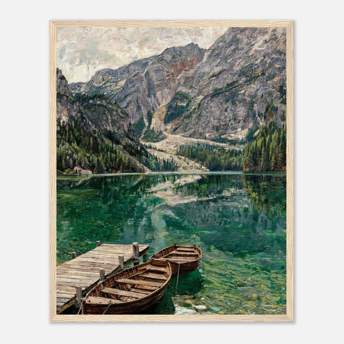 Wooden Boats on Alpine Lake Impressionist Art Print