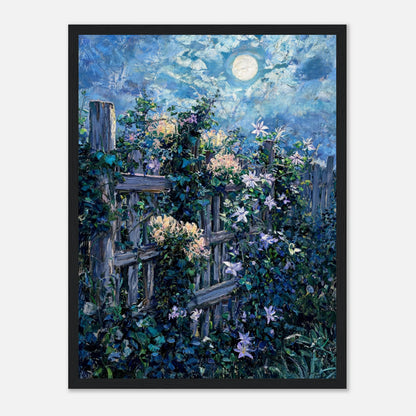 Moonlit Garden Fence Flowers Impressionist Art Print