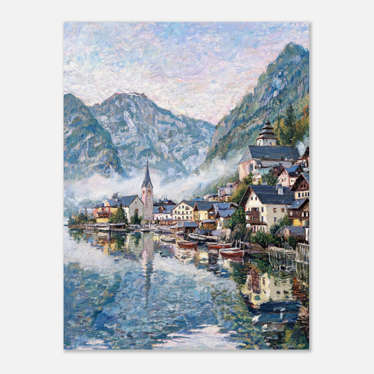 Alpine Lakeside Village Impressionist Art Print