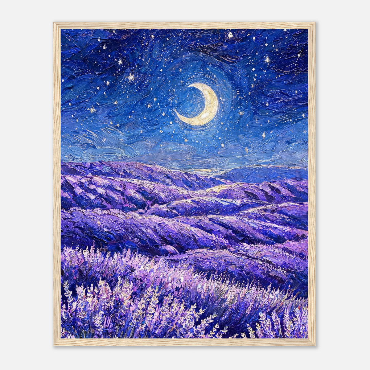 Moonlit Lavender Field at Night Impressionist Art Print
