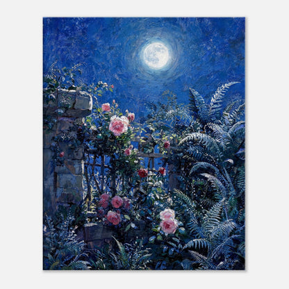 Moonlit Rose Garden and Stone Wall Impressionist Art Print