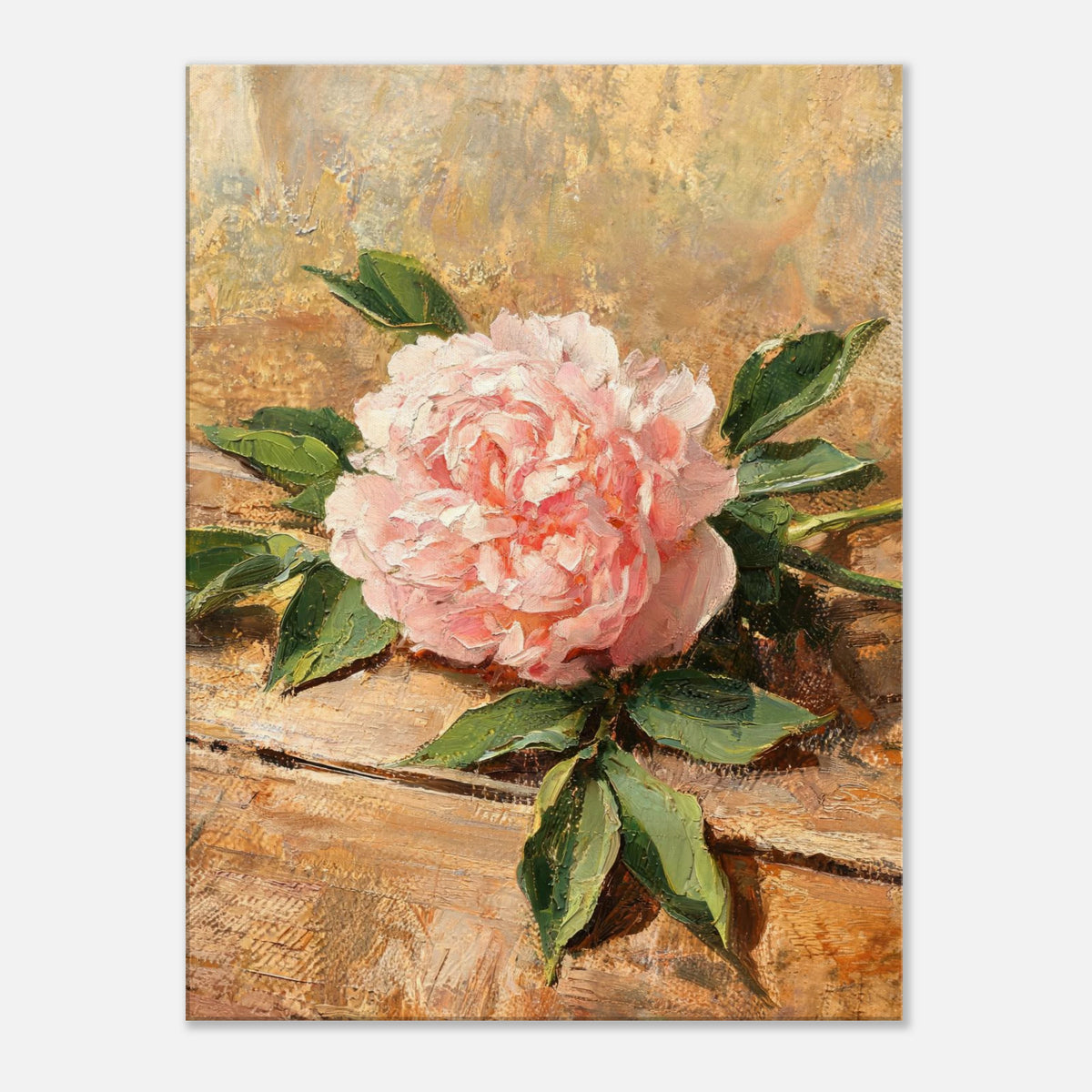 Single Pink Peony on Rustic Wood Impressionist Art Print