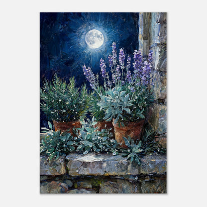 Moonlit Potted Lavender by Stone Window Impressionist Art Print