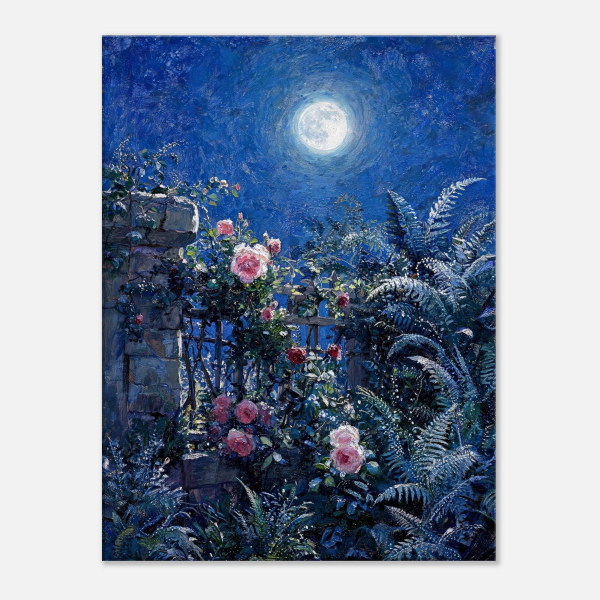 Moonlit Rose Garden and Stone Wall Impressionist Art Print