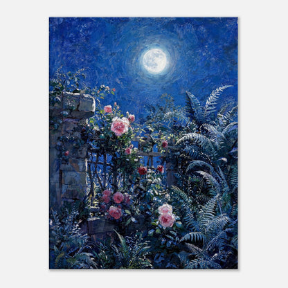 Moonlit Rose Garden and Stone Wall Impressionist Art Print
