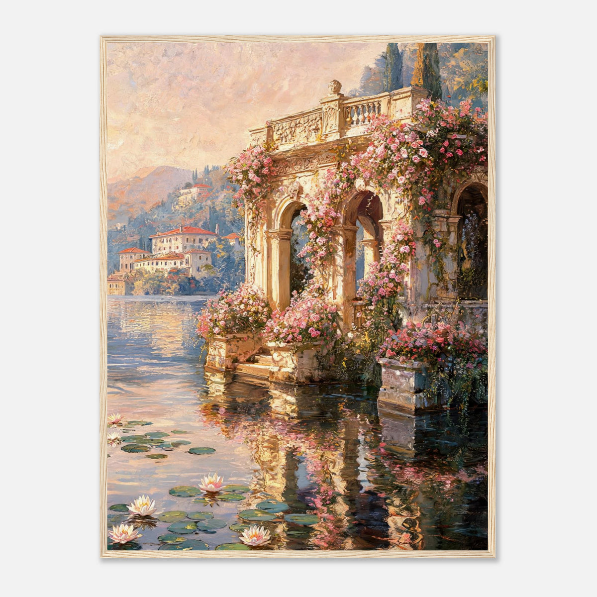 Sunlit Lakeside Villa & Roses Impressionist Art Print