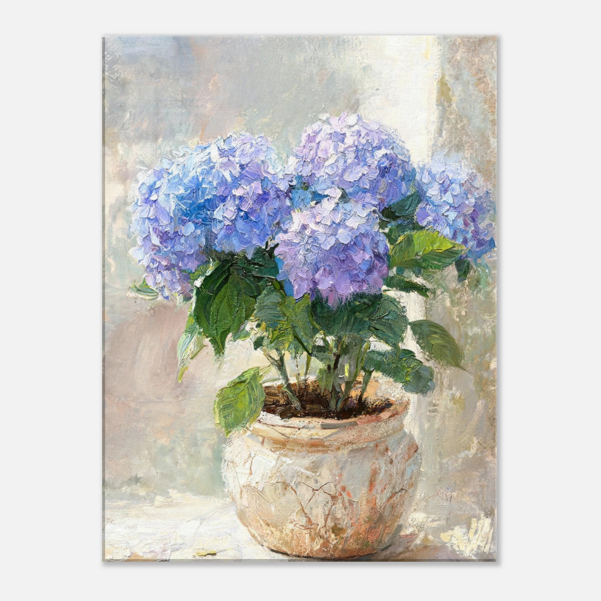 Blue Hydrangeas in Rustic Pot Impressionist Art Print