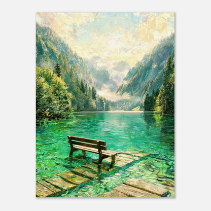 Mountain Lake Pier and Wooden Bench Impressionist Art Print