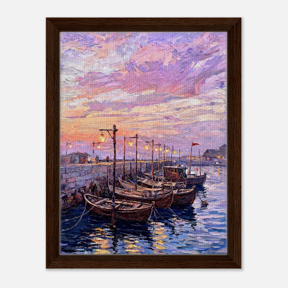 Coastal Harbor Twilight Wooden Boats Impressionist Art Print