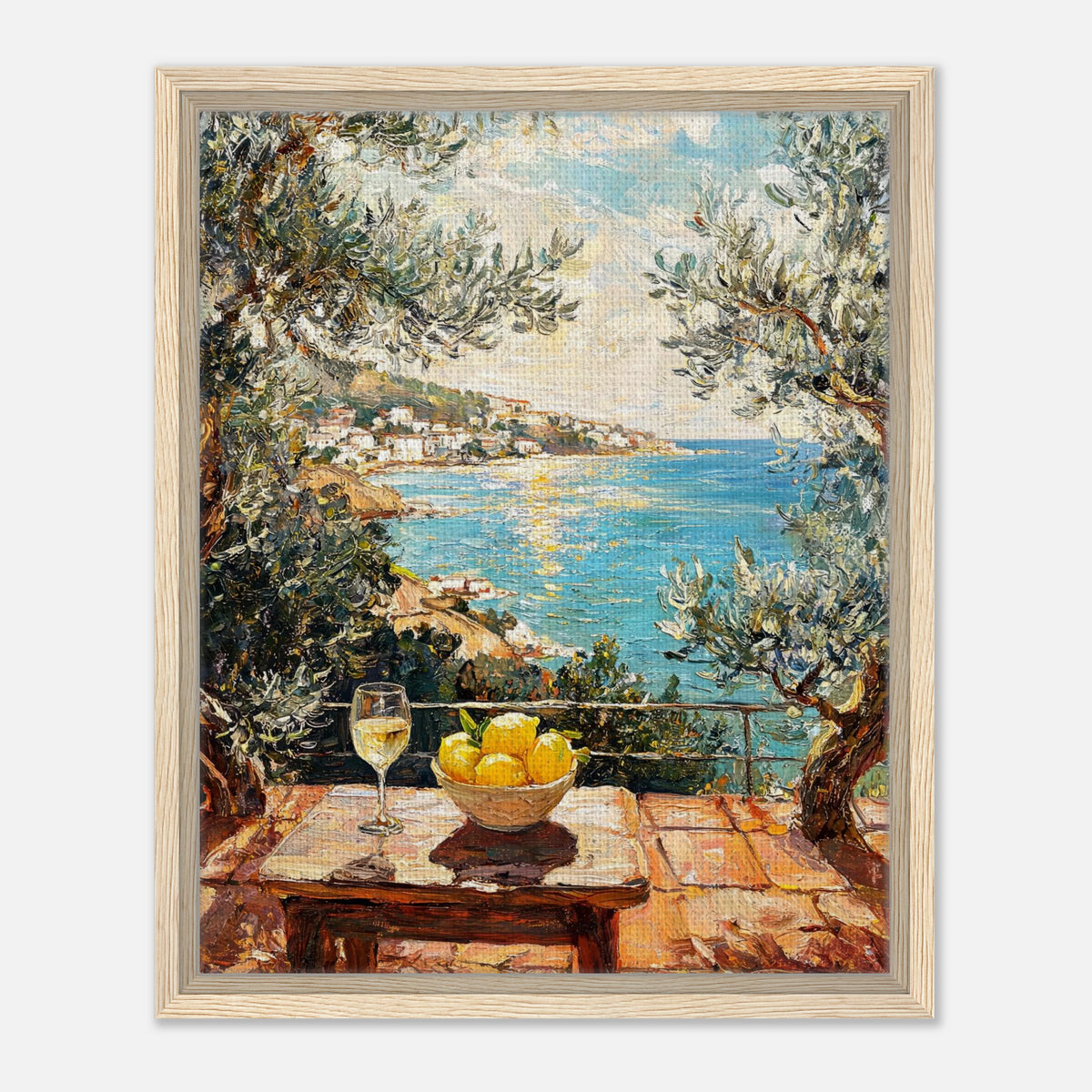 Framed Mediterranean Terrace with Wine & Lemons Canvas Wall Art | Seascape Decor