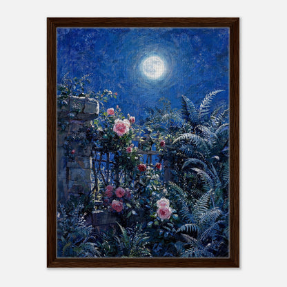 Moonlit Rose Garden and Stone Wall Impressionist Art Print