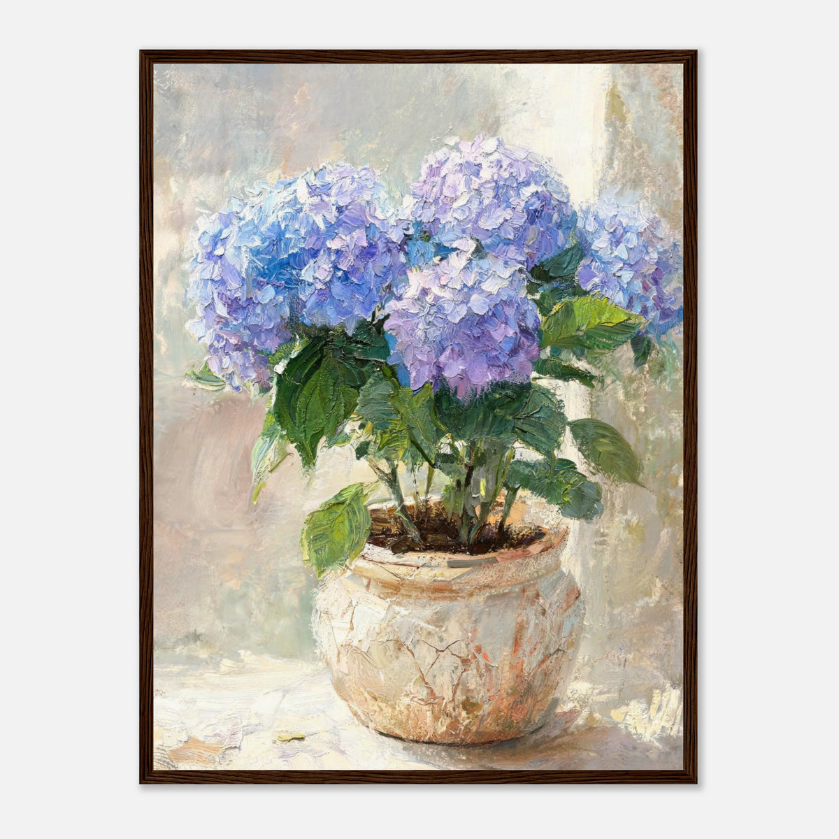 Blue Hydrangeas in Rustic Pot Impressionist Art Print
