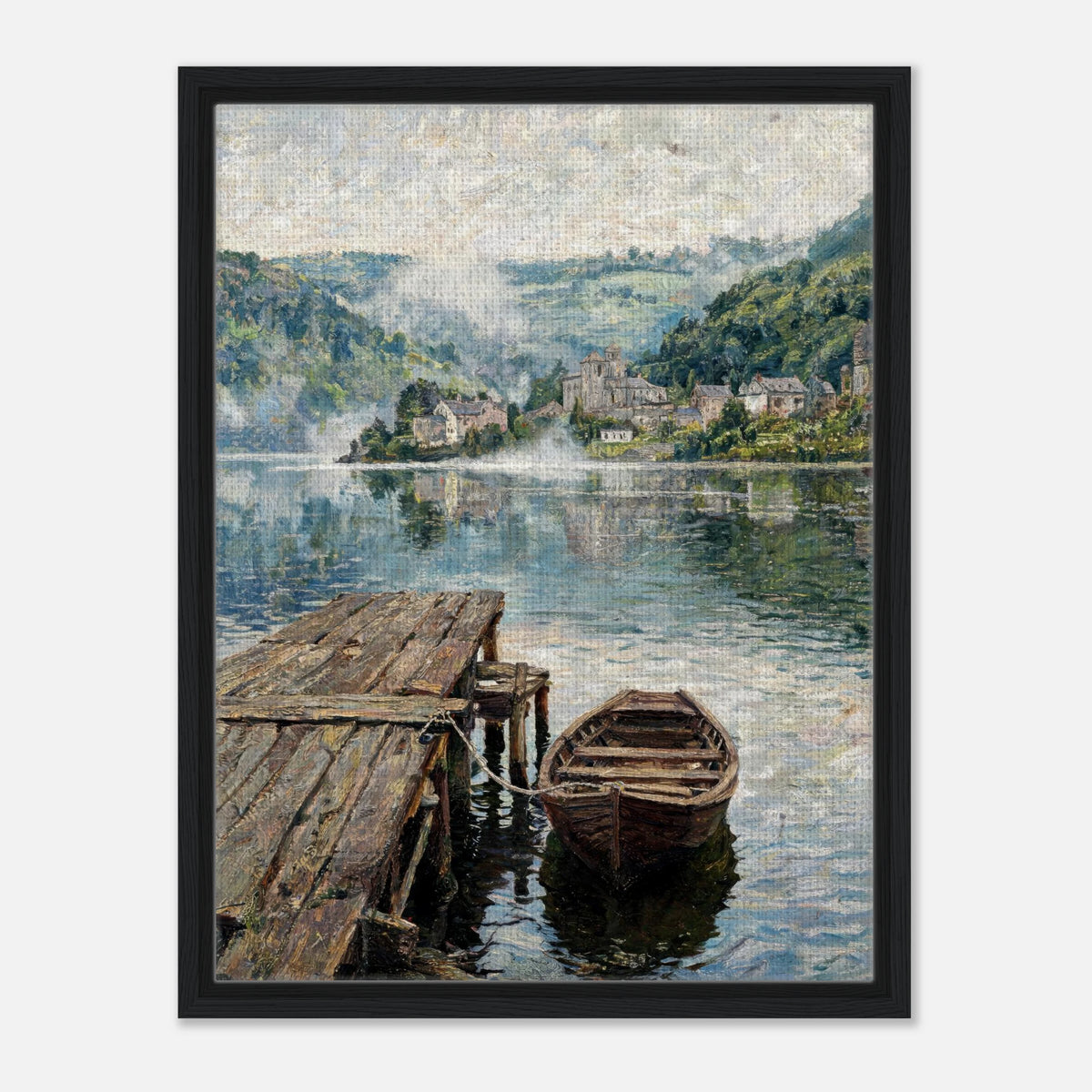 Misty Mountain Lake Wooden Boat Impressionist Art Print