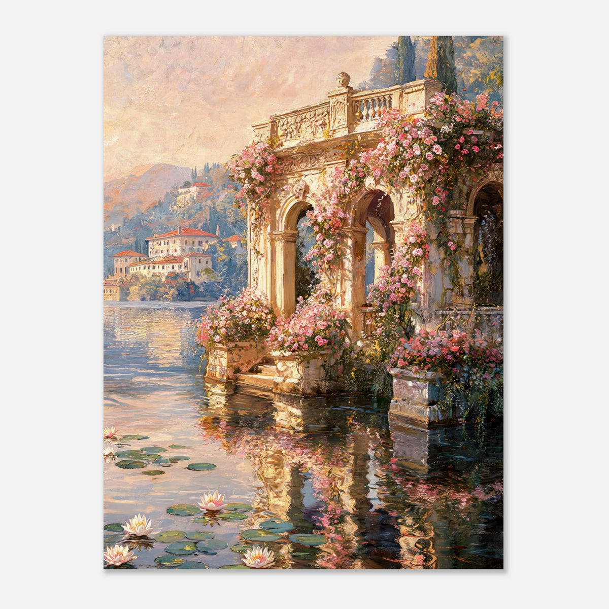 Sunlit Lakeside Villa & Roses Impressionist Art Print