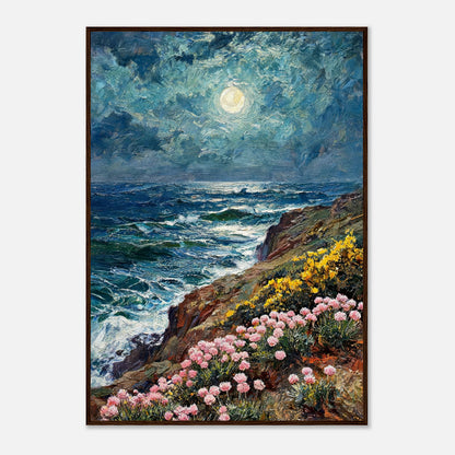 Moonlit Coastal Cliff Flowers Impressionist Art Print