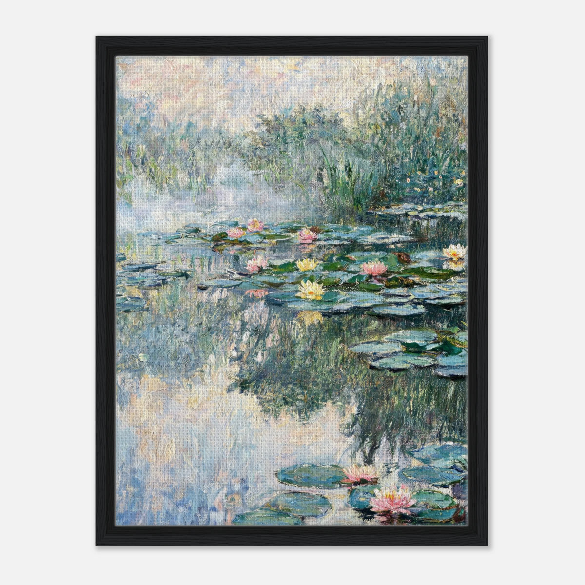 Impressionist art print from Vintstep depicting a misty morning water lily pond with delicate pink and yellow flowers floating on calm water in soft pastel tones.