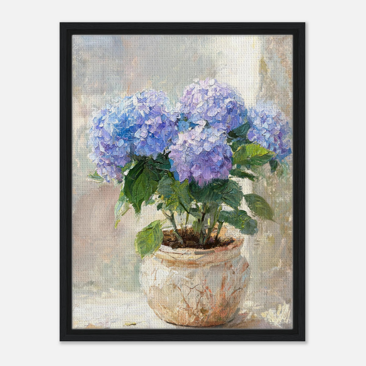 Impressionist art print from Vintstep depicting a potted plant with lush blue and purple hydrangea blossoms in a rustic pot with textured brushstrokes and soft natural light.
