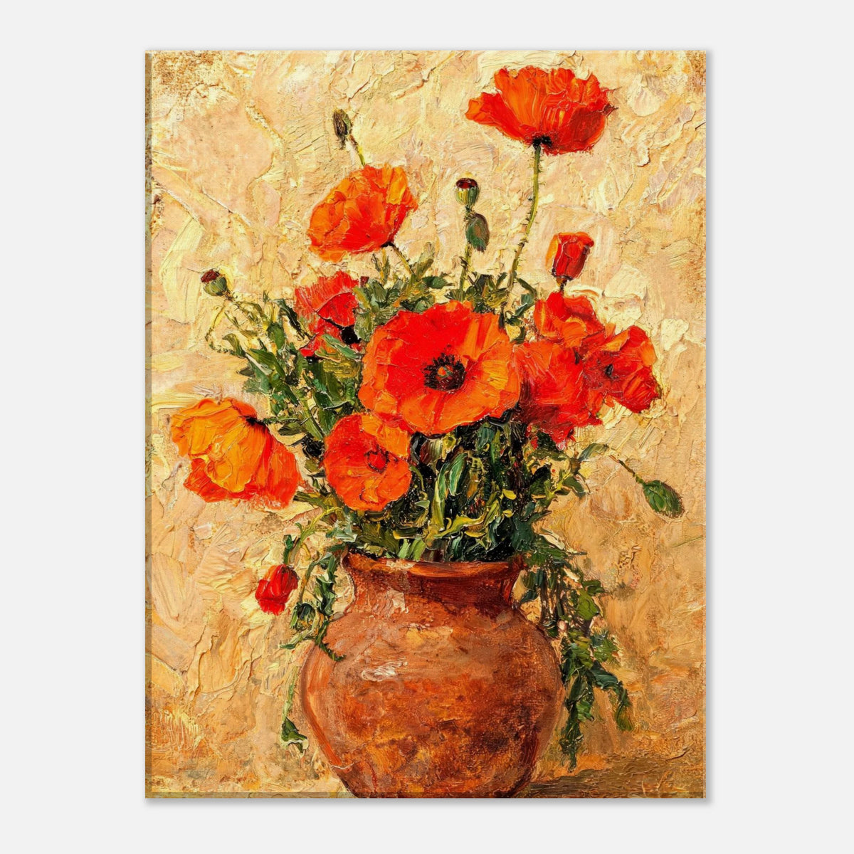 Vibrant Red Poppies in Terracotta Vase Impressionist Art Print